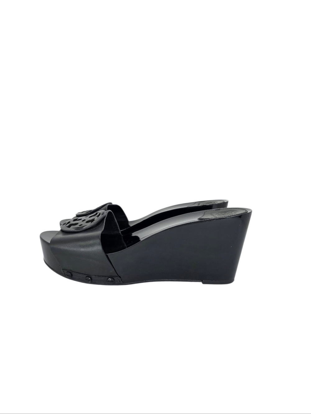 Tory Burch Patti Black Patent Slides Platform Wedge Heels Leather Sandals  9.5M